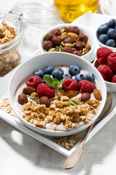 istock homemade muesli with yogurt and berries for breakfast, vertical 1153809959