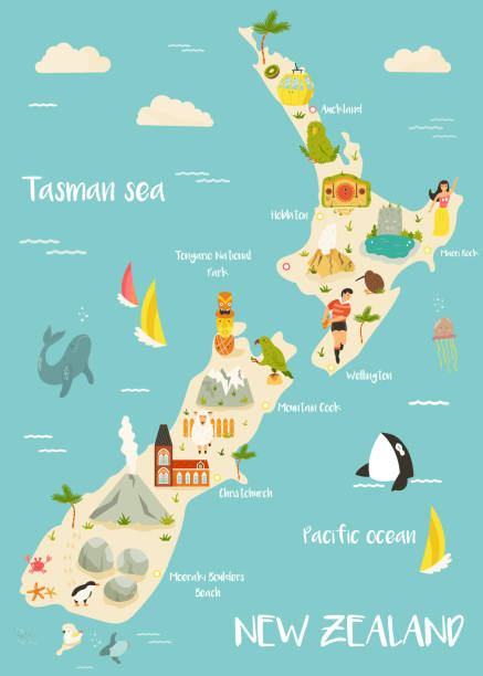 유명한 랜드마크, 동물, 기호와 뉴질랜드 일러스트 지도. 인쇄물, 관광 포스터, 여행 가이드, 축제 - beach cartoon island sea stock illustrations