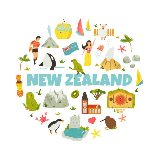New Zealand abstract design with national symbols, animals, landmarks, elements New Zealand abstract design with national symbols, animals, landmarks, elements rotorua stock illustrations