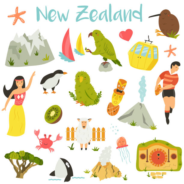 neuseeland satz von symbolen elemente, wahrzeichen tiere - native bird stock-grafiken, -clipart, -cartoons und -symbole