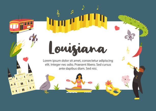 louisiana cartoon karte mit sehenswürdigkeiten und symbolen. für banner, bücher, drucke, reiseführer - cajun food stock-grafiken, -clipart, -cartoons und -symbole