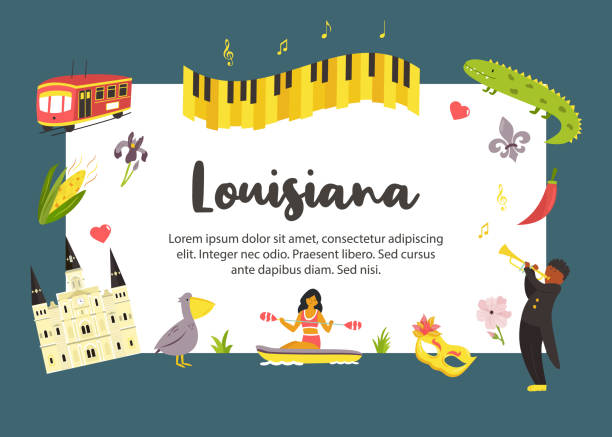 ilustrações de stock, clip art, desenhos animados e ícones de louisiana cartoon map with landmarks and symbols. for banners, books, prints, travel guides - cajun food illustrations