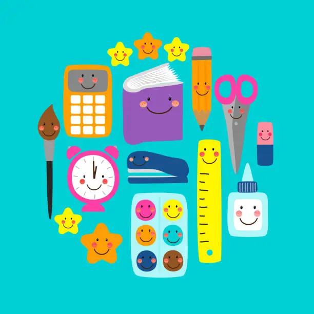 Vector illustration of Cute bright eye-catching Back to school banner design with colorful funny cartoon characters, education theme background