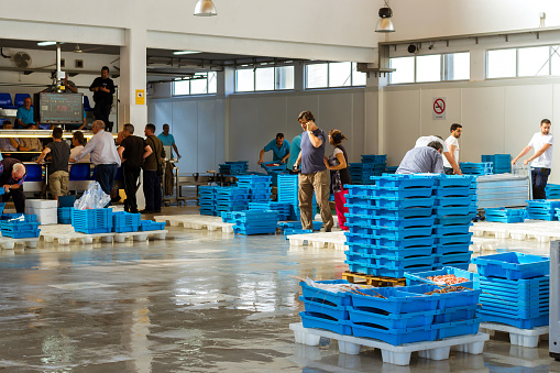 Blanes, Spain - 31 may, 2018: Buyers are traded at conveyor. Fish auction for wholesalers and restaurants. Blue plastic containers with catch of sea fish, ocean delicacies. Industrial catch of fish