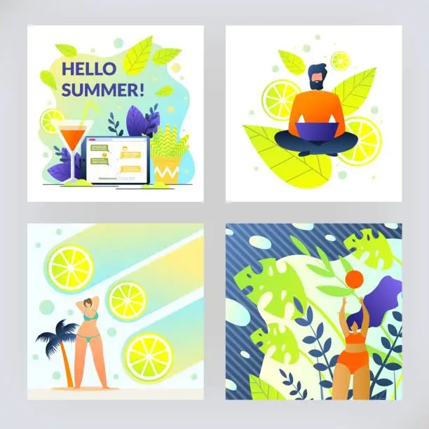Vector illustration of Fruit Sunny Set Flyer is Written Hello Summer.