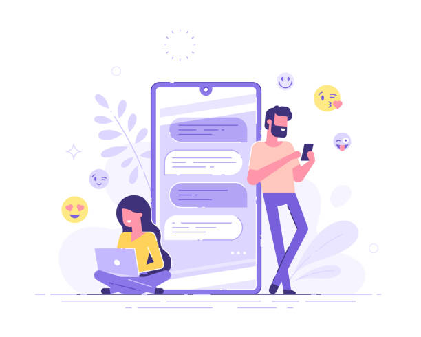 hübsche frau sitzt an ihrem laptop und plaudert mit hübschen mann mit riesigen telefon und emoji auf dem hintergrund. dating-app und virtuelle beziehung. chat-blase. moderne vektor-illustration. - mobile phone women telephone text messaging stock-grafiken, -clipart, -cartoons und -symbole