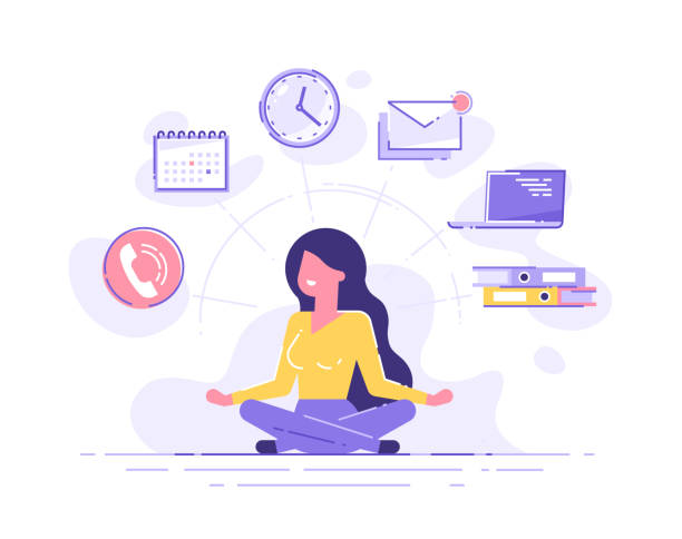 ilustraciones, imágenes clip art, dibujos animados e iconos de stock de mujer de negocios practicando la meditación mindfulness con iconos de oficina en el fondo. concepto multitarea y gestión del tiempo. ilustración vectorial. - ilustraciones de concentración