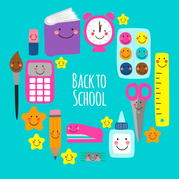 Vector illustration of Cute bright eye-catching Back to school banner design with colorful funny cartoon characters, education theme background