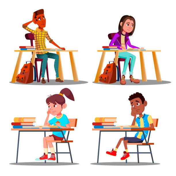 Characters Bored Pupils During Lesson Set Vector Characters Bored Pupils During Lesson Set Vector. Unhappy Bored Teenager Student Boy And Girl Tired Stressed Of Reading, Doing Homework. Dislike Education Flat Cartoon Illustration bored children stock illustrations