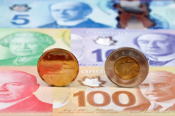 Photo of Canadian Dollar coins on the background of banknotes