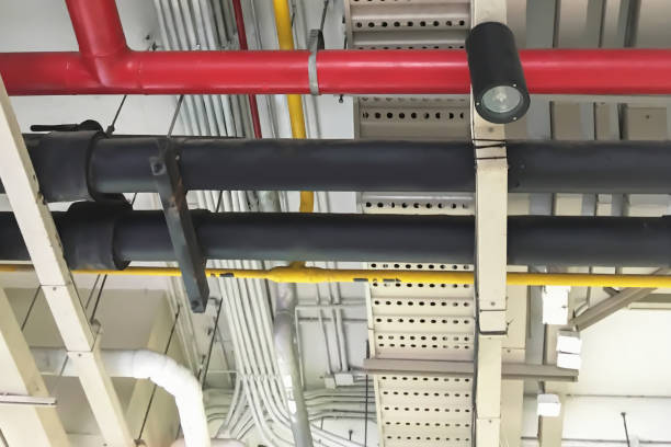 istock Electrical power line system with sanitary pipe system in the ceiling of modern building. 1153823764