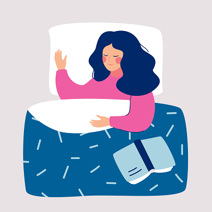Woman sleeping at night in her bed with open book. Vector illustration.