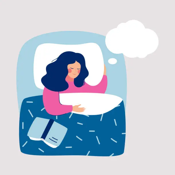 Vector illustration of Woman sleeping at night in his bed and sees dream, in speech bubble.