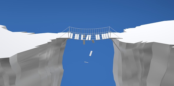 3D rendering broken suspension bridge with blue sky