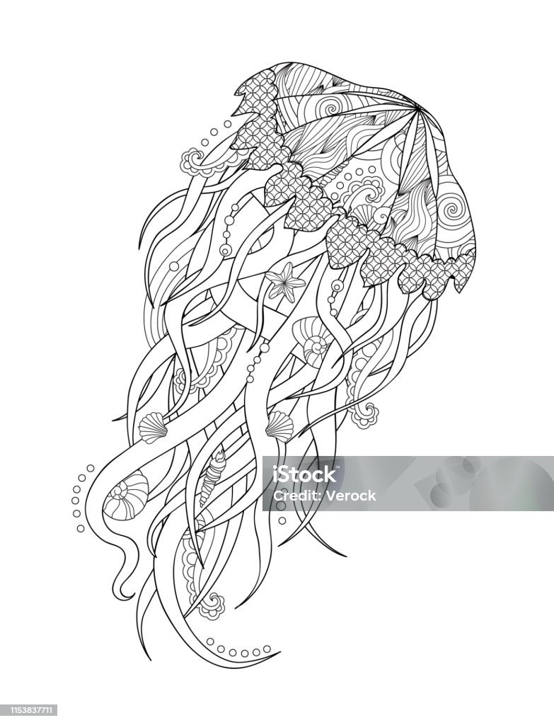 Doodle Jellyfish in inspired style. Coloring book for adult and older children. Doodle Jellyfish in inspired style. Coloring book for adult and older children. Art vector stylized illustration. Coloring Book Page - Illlustration Technique stock vector