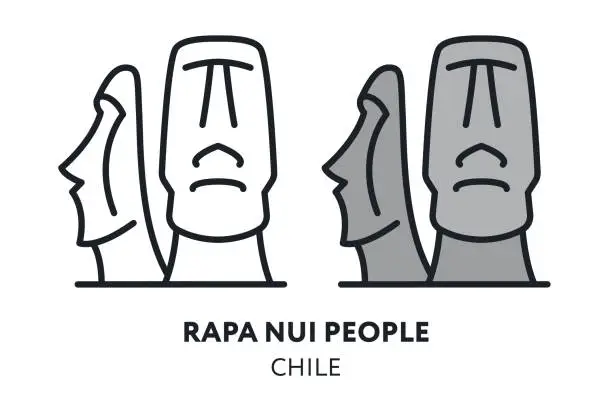 Vector illustration of Rapa Nui People. Eastern Island Moai Chile Landmark Sight. Vector Flat Line Icon Illustration.