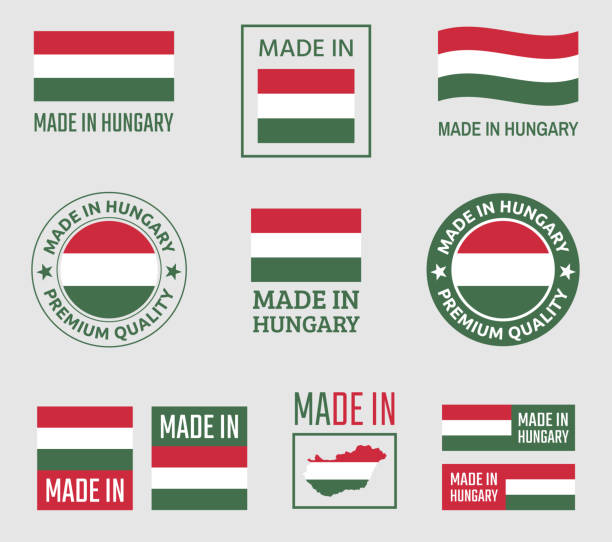 wykonane na węgrzech zestaw etykiet, godło produktu węgier - hungary hungarian culture hungarian flag flag stock illustrations