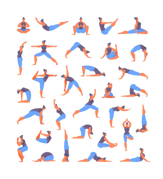 ilustraciones, imágenes clip art, dibujos animados e iconos de stock de gran conjunto de asanas de yoga - exercising female isolated relaxation