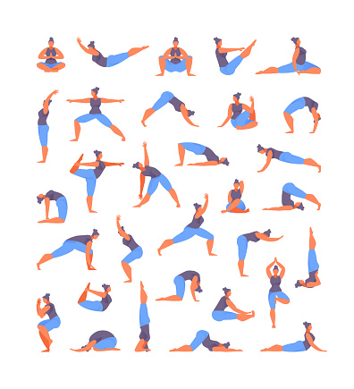 Large collection of basic yoga asanas. Vector illustration