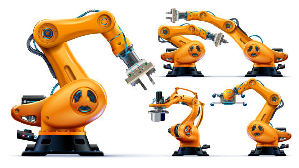 istock Automated orange robotic arms or industry 3d manipulator positioner Isolated on white background. Hydraulic mechanical robot on factory. Machine crane. Machinery hand. Realistic vector custom set. 1153843163