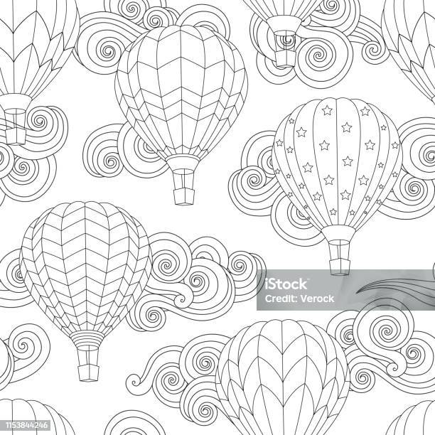 Hot Air Balloon Seamless Pattern In Doodle Inspired Doodle Style Isolated On White Stock Illustration - Download Image Now