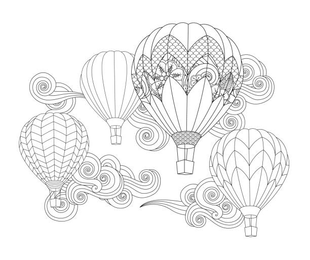 hot air balloon in doodle inspired doodle style isolated on white. hot air balloon in doodle inspired doodle style isolated on white. Coloring book page for adult and older children. coloring pages stock illustrations