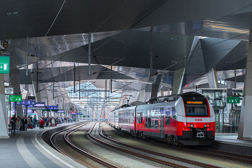 Lisbon, Portugal - October 5, 2023: The platform of Lisboa Oriente railway station, Portugal.\nEstação do Oriente