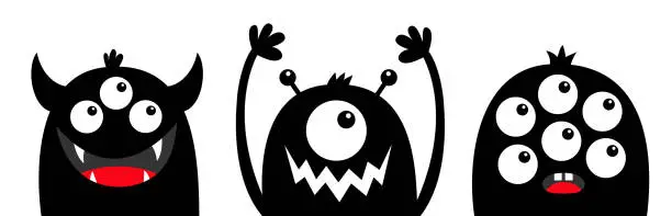 Vector illustration of Monster head face black silhouette set line. Eyes, teeth fang, horns, hands up. Cute cartoon kawaii funny character. Happy Halloween. Baby kids collection. Flat design. White background. Isolated.