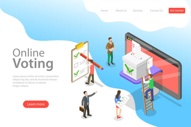 Isometric flat vector landing page template of online voting and election. Isometric flat vector landing page template of online voting and election, e-voting internet system. electronic voting stock illustrations