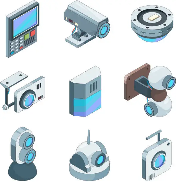 Vector illustration of Secure cam isometric. Cctv home security cameras electronic systems vector 3d illustrations
