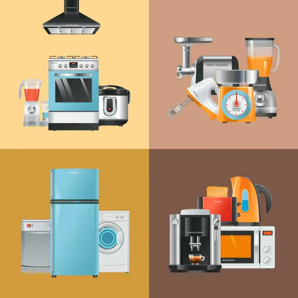 Vector illustration of Appliances realistic. Home electrical equipment refrigerator washing machine microwave blender mixer hood gas stove vector collection
