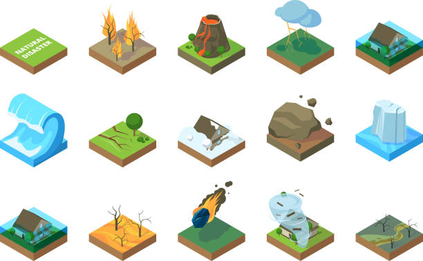 naturkatastrophe. globale umwelt des klimawandels erdbeben tsunami wüst in wald hochwasser-vektor bilder isometric - aktiver vulkan stock-grafiken, -clipart, -cartoons und -symbole