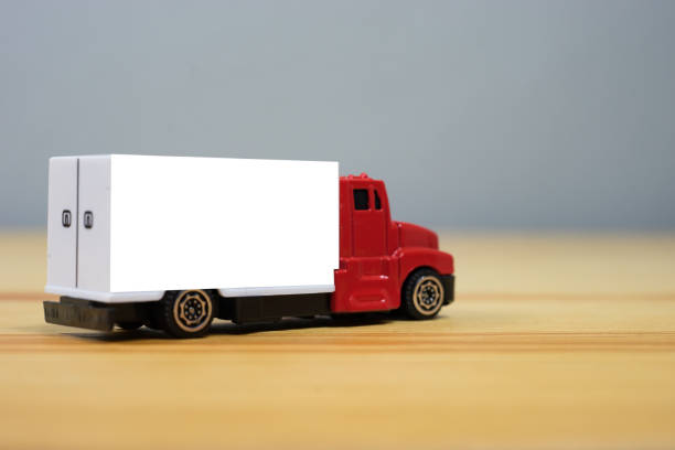 red mini toy truck delivery van isolated,can be used for display or montage your products. - truck semi truck white delivery van imagens e fotografias de stock