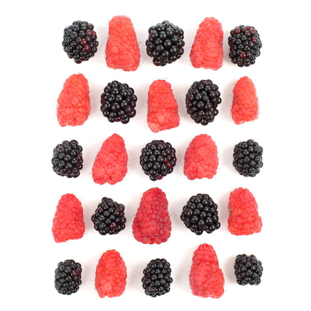 istock raspberries and blackberries are laid out in a square on a white background 1153852031
