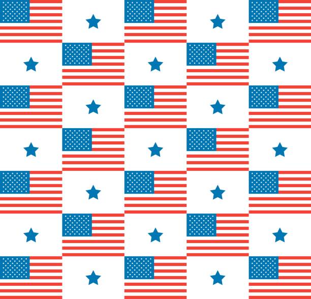 istock Happy Independence Day vector pattern with an American flag and blue stars on white background 1153852424
