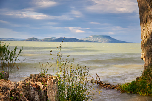 View of famous Hungarian Lake Balaton with volcanoes