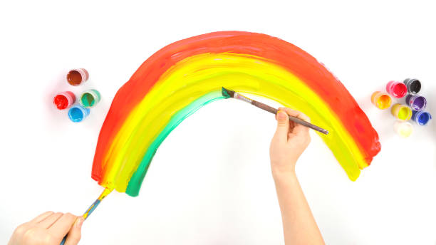 istock child's hand draws a rainbow on a white background 1153853987
