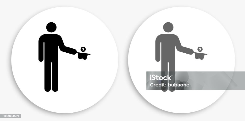 Money Begging Black and White Round Icon Money Begging Black and White Round Icon. This 100% royalty free vector illustration is featuring a round button with a drop shadow and the main icon is depicted in black and in grey for a roll-over effect. Begging - Social Issue stock vector