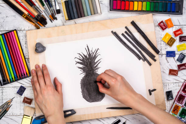 charcoal sketch of a pineapple - drawing sketch artist charcoal drawing imagens e fotografias de stock