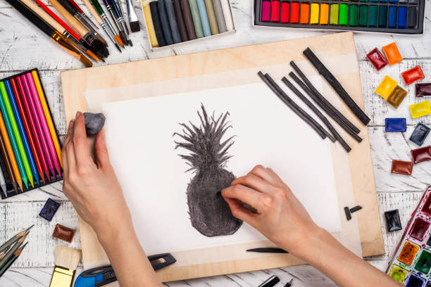 charcoal sketch of a pineapple - drawing sketch artist charcoal drawing imagens e fotografias de stock