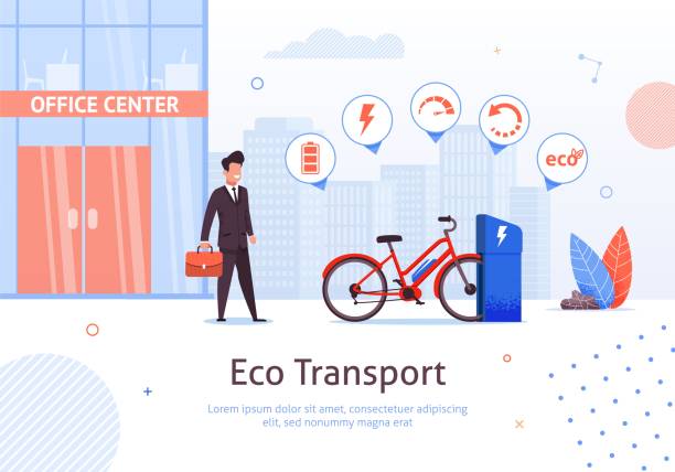 illustrazioni stock, clip art, cartoni animati e icone di tendenza di eco trasporti. uomo d'affari con bici elettrica - bicicletta elettrica