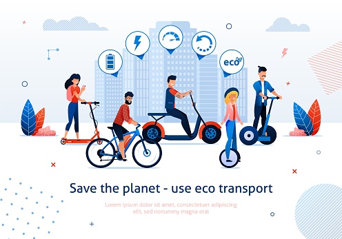 Save Planet Use Eco Transport Vector Illustration. Man Ride Electric Bike Bicycle Segway. Woman Ride Electro Scooter Monocycle Unicycle. Ecological Vehicle Advantage. Green Choice Benefit
