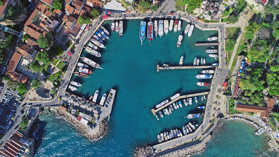 Aerial birds eye view yacht marine Antalya, Kaleici, Turkey