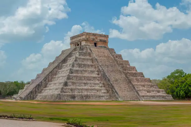 Great Mayan Pyramid of Kukulkan, known as El Castillo, classified as Structure 5B18, taken in the archaeological area of Chichen Itza, in the Yucatan peninsula