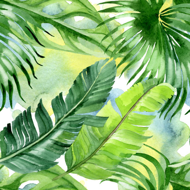 istock Palm beach tree leaves jungle botanical. Watercolor background illustration set. Seamless background pattern. 1153859732