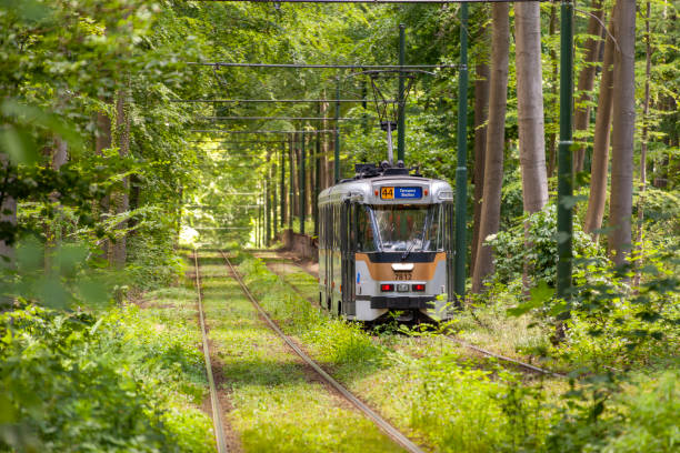 Modern tramway isolated with rails on white background
