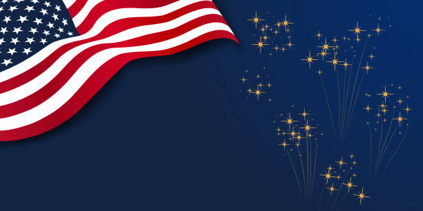 4 июля праздничное знамя с американским национальным флагом и фейерверком на темно-синем фоне. сша независимости. шаблонный дизайн плаката, - greeting card greeting fourth of july national holiday stock illustrations
