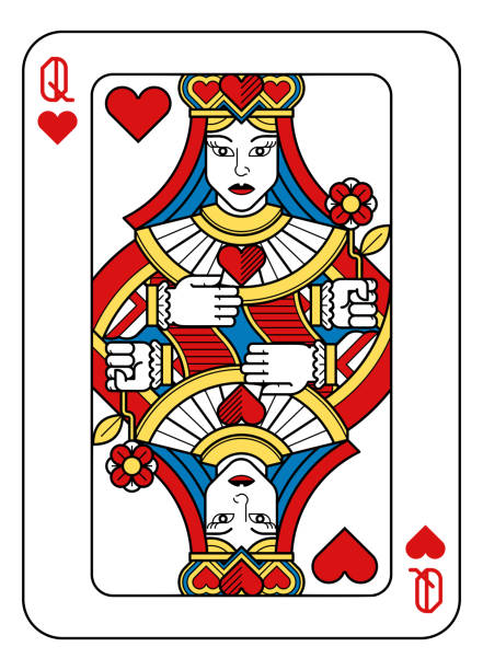 Playing Card Queen of Hearts Yellow Red Blue Black A playing card Queen of hearts in yellow, red, blue and black from a new modern original complete full deck design. Standard poker size. computer icon symbol set alphabet stock illustrations