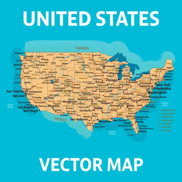 Vector illustration of US vector map. Map of United States of America. High detalization