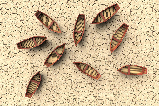 3D rendering of a conceptual representation of a drought with an aerial view of boats on a dry lake